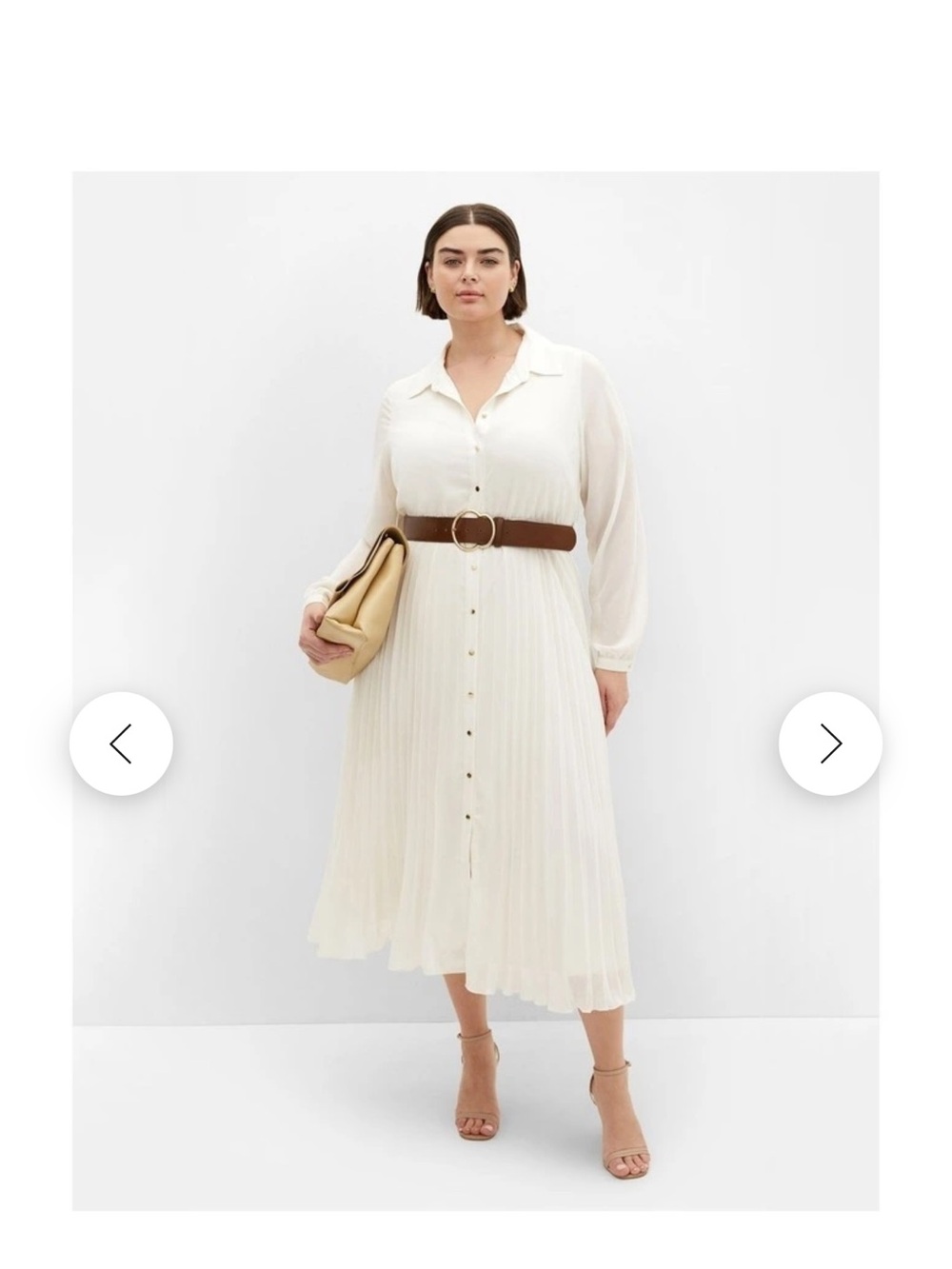 City Chic Cream Pleated Maxi Shirt Dress with Brown Belt